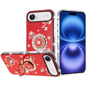 For iPhone 17 Air Splendid Glitter with Diamonds All Around Edges Ring Stand Case Cover - Red