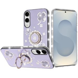 For Samsung Galaxy s25 Edge Splendid Glitter with Diamonds All Around Edges Ring Stand Case Cover - Purple