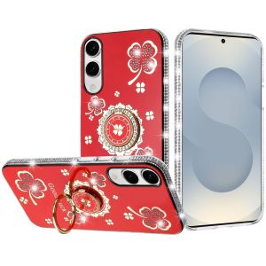 For Samsung Galaxy s25 Edge Splendid Glitter with Diamonds All Around Edges Ring Stand Case Cover - Red