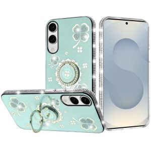 For Samsung Galaxy s25 Edge Splendid Glitter with Diamonds All Around Edges Ring Stand Case Cover - Teal