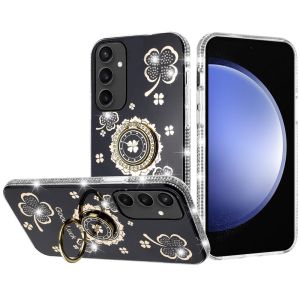 For Samsung s23 FE 5G Splendid Glitter with Diamonds All Around Edges Ring Stand Case Cover - Black