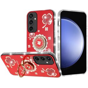 For Samsung s23 FE 5G Splendid Glitter with Diamonds All Around Edges Ring Stand Case Cover - Red