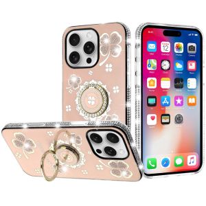 For iPhone 16 Pro 6.3 inch Splendid Glitter with Diamonds All Around Edges Ring Stand Case Cover - Gold