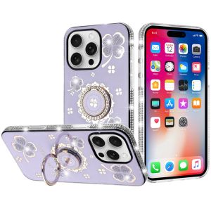 For iPhone 16 Pro 6.3 inch Splendid Glitter with Diamonds All Around Edges Ring Stand Case Cover - Purple