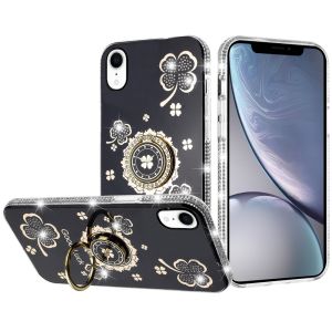 For iPhone XR Splendid Glitter with Diamonds All Around Edges Ring Stand - Black