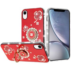 For iPhone XR Splendid Glitter with Diamonds All Around Edges Ring Stand - Red