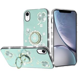 For iPhone XR Splendid Glitter with Diamonds All Around Edges Ring Stand - Teal