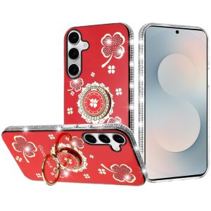 For Samsung s25 FE Splendid Glitter with Diamonds All Around Edges Ring Stand Case Cover - Red