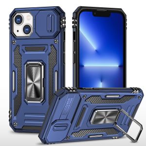 For iPhone 13/14 Utter Tough Metal Ring Movable Camera Window Hybrid Case Cover - Navy blue