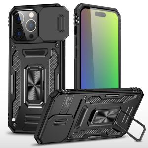 For iPhone 15 Utter Tough Metal Ring Movable Camera Window Hybrid Case Cover - Black