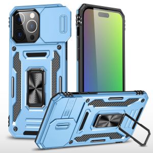 For iPhone 15 Utter Tough Metal Ring Movable Camera Window Hybrid Case Cover - Light Blue