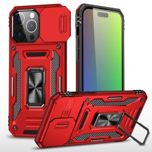 For iPhone 15 Utter Tough Metal Ring Movable Camera Window Hybrid Case Cover - Red