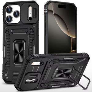 For iPhone 17 Pro Utter Tough Metal Ring Movable Camera Window Hybrid Case Cover - Black