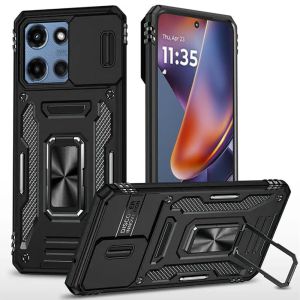 For Motorola Moto G 5G 2025 Utter Tough Metal Ring Movable Camera Window Hybrid Case Cover - Black