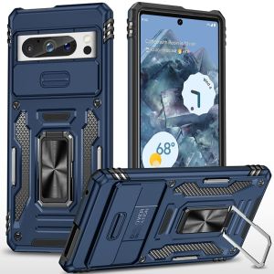For Google Pixel 9 Pro 6.8inch Utter Tough Metal Ring Movable Camera Window Hybrid Case Cover - Navy blue
