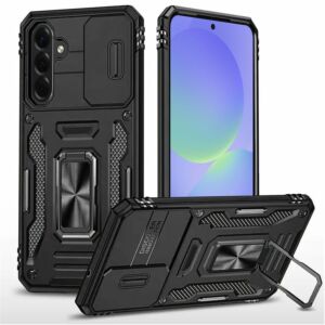 For Samsung Galaxy A37 / A36 Utter Tough Metal Ring Movable Camera Window Hybrid Case Cover - Black