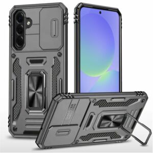 For Samsung Galaxy A37 / A36 Utter Tough Metal Ring Movable Camera Window Hybrid Case Cover - Gray