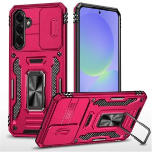 For Samsung Galaxy A37 Utter Tough Metal Ring Movable Camera Window Hybrid Case Cover - Hot Pink