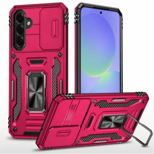 For Samsung Galaxy A37 / A36 Utter Tough Metal Ring Movable Camera Window Hybrid Case Cover - Hot Pink
