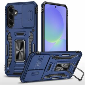 For Samsung Galaxy A37 / A36 Utter Tough Metal Ring Movable Camera Window Hybrid Case Cover - Navy blue