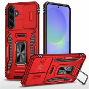 For Samsung Galaxy A37 / A36 Utter Tough Metal Ring Movable Camera Window Hybrid Case Cover - Red
