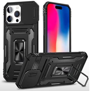 For iPhone 16 Pro 6.3 inch Utter Tough Metal Ring Movable Camera Window Hybrid Case Cover - Black