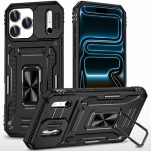 For Apple iPhone 18 Pro Max Utter Tough Metal Ring Movable Camera Window Hybrid Case Cover - Black