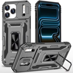 For Apple iPhone 18 Pro Max Utter Tough Metal Ring Movable Camera Window Hybrid Case Cover - Gray