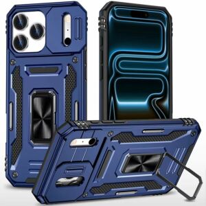 For Apple iPhone 18 Pro Max Utter Tough Metal Ring Movable Camera Window Hybrid Case Cover - Navy blue