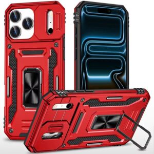For Apple iPhone 18 Pro Max Utter Tough Metal Ring Movable Camera Window Hybrid Case Cover - Red