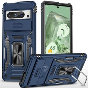 For Google Pixel 9 6.3inch Utter Tough Metal Ring Movable Camera Window Hybrid Case Cover - Navy blue