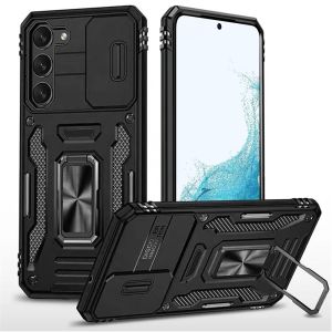For Samsung Galaxy S22 Plus Utter Tough Metal Ring Movable Camera Window Hybrid Case Cover - Black