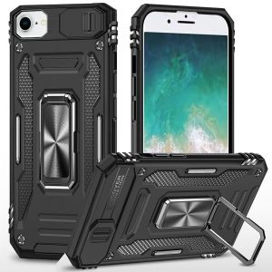 For iPhone 16E / SE4 Utter Tough Metal Ring Movable Camera Window Hybrid Case Cover - Black