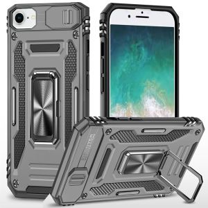 For iPhone 16E / SE4 Utter Tough Metal Ring Movable Camera Window Hybrid Case Cover - Grey