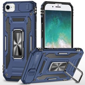 For iPhone 16E / SE4 Utter Tough Metal Ring Movable Camera Window Hybrid Case Cover - Navy blue