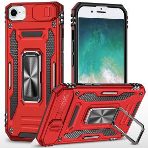 For iPhone 16E / SE4 Utter Tough Metal Ring Movable Camera Window Hybrid Case Cover - Red
