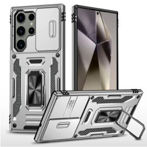 For Samsung s25 Ultra Utter Tough Metal Ring Movable Camera Window Hybrid Case Cover - Silver