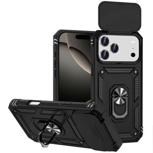 For iPhone 17 Pro Max Well Protective Magentic Ring Stand Camera Protective Cover Case - Black