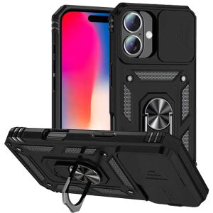 For iPhone 16 6.1 inch Well Protective Magentic Ring Stand Camera Protective Cover Case - Black