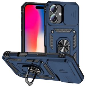 For iPhone 16 6.1 inch Well Protective Magentic Ring Stand Camera Protective Cover Case - Blue