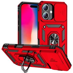 For iPhone 16 6.1 inch Well Protective Magentic Ring Stand Camera Protective Cover Case - Red