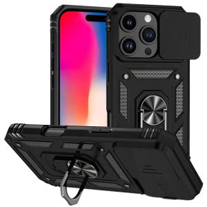 For iPhone 16 Pro 6.3 inch Well Protective Magentic Ring Stand Camera Protective Cover Case - Black