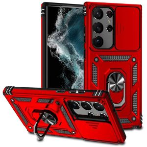 For Samsung S23 Ultra Well Protective Magentic Ring Stand Camera Protective Cover Case - Red