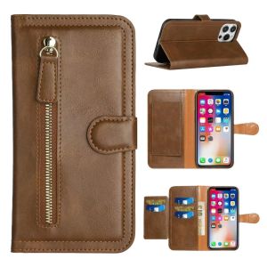 For Revvl 6 Pro 5G Premium Wallet MultiCard Holder Money Zipper With Magnetic Flap - Brown