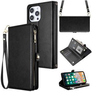 For Samsung A25 5G Purse Style Wallet Card ID Money Holder with Zip containing Long & Short Lanyard - Black