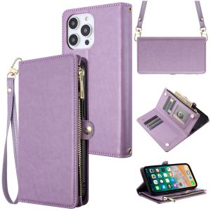 For Samsung A25 5G Purse Style Wallet Card ID Money Holder with Zip containing Long & Short Lanyard - Bright Purple