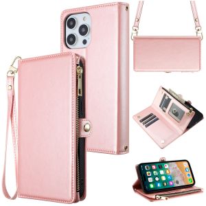 For MOTO G STYLUS 5G (2023) Purse Style Wallet Card ID Money Holder with Zip containing Long & Short Lanyard - Rose Gold
