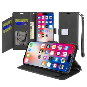 For iPhone 16 6.1 inch Wallet ID Card Holder Case Cover - Black