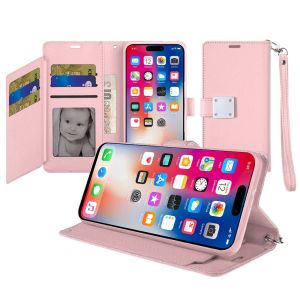 For iPhone 16 Pro 6.3 inch Wallet ID Card Holder Case Cover - Rose Gold