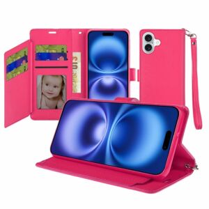 For iPhone 17 Wallet ID Card Holder Case Cover - Hot Pink